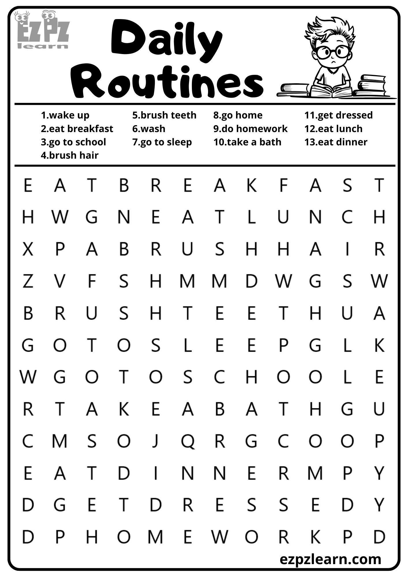 Daily routines vocabulary word search for kids and english language